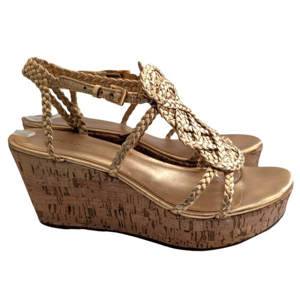 Kate Spade New York Becca Gold Braided Leather Cork Platform Wedge Sandals Sz 8